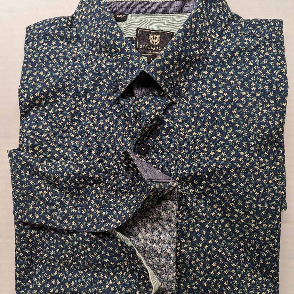 Steel and Jelly London blue yellow green denim accent men's LS shirt sz L